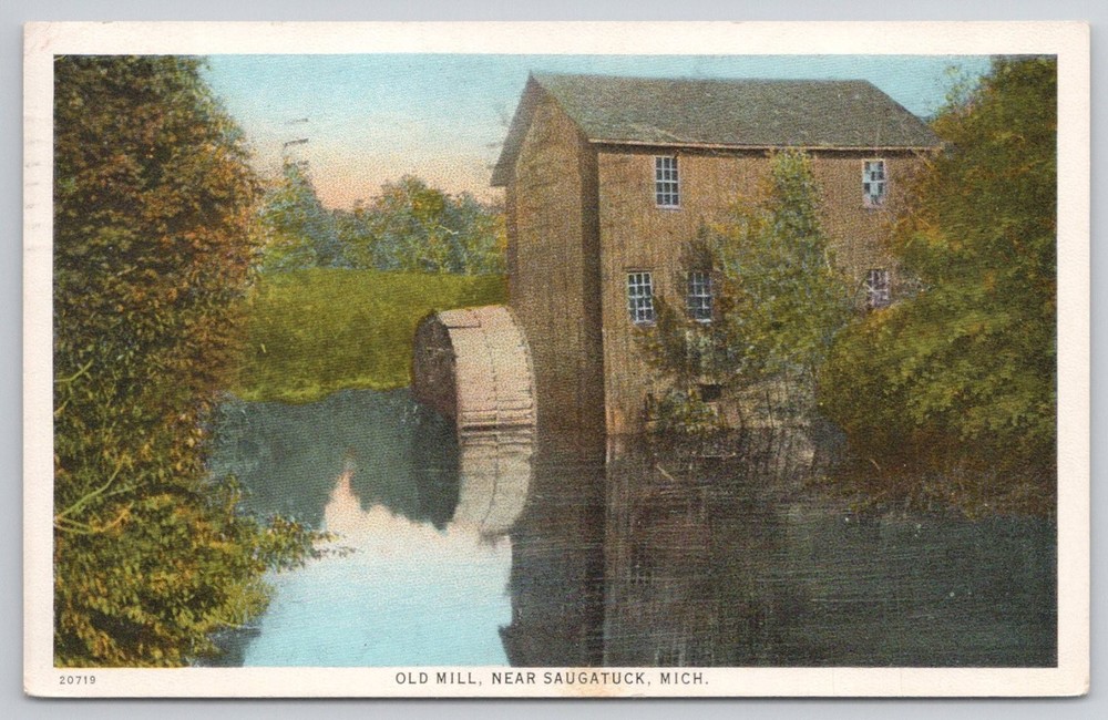 Vintage Old Mill Saugatuck Michigan Linen Postcard 1948 Posted