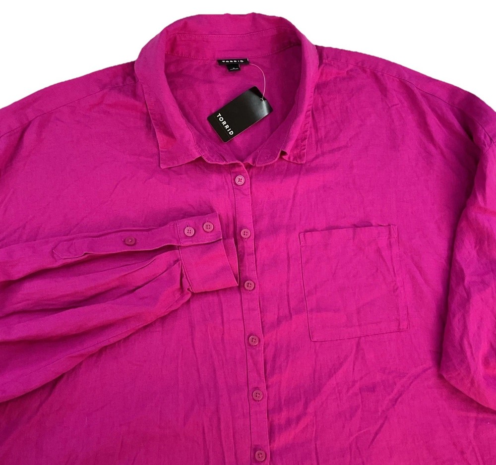 Torrid Shirt Women Sz 2 Linen Blend Drop Shoulder Long Sleeve Button Up Fuchsia