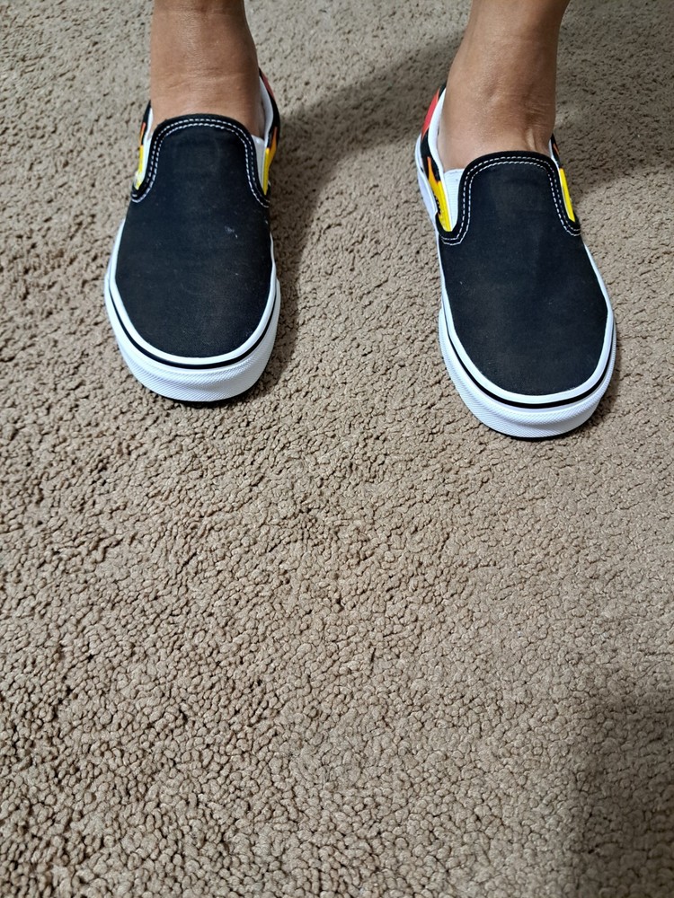 VANS Old Skool Skate Shoes Black Canvas Flame OFF THE WALL Size Men 6 Women 7.5