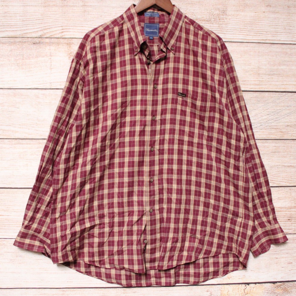 Faconnable Men's XL Plaid Button Down Shirt Burgundy Beige Long Sleeve Cotton