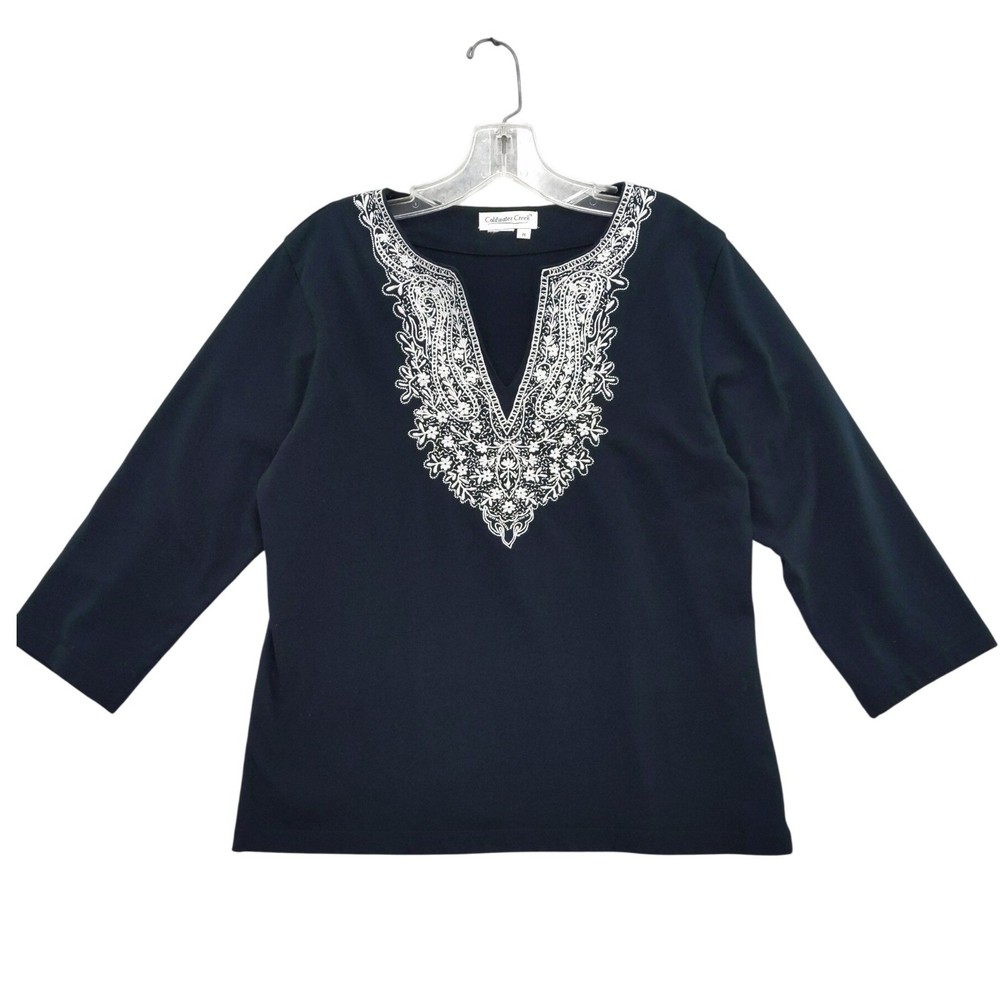 Coldwater Creek Embroidered Top Blouse 3/4 Sleeve Black White Size M