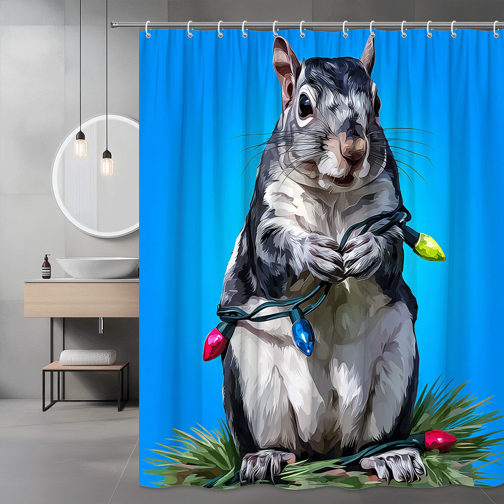 Squirrel with Christmas Lights Shower Curtain Blue Background