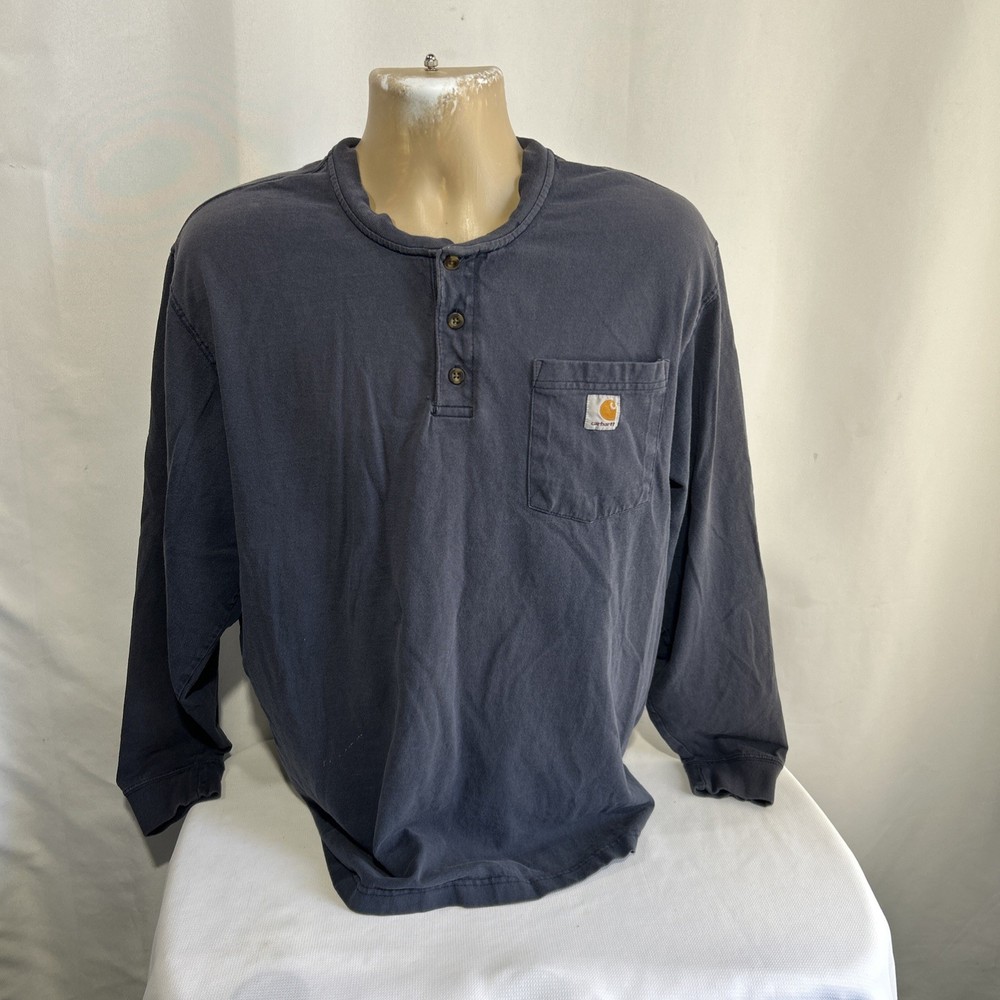Carhartt Shirt Mens Size L Navy Blue Henley Long Sleeve Pocket K128 Workwear
