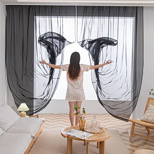 Long 108-Inch Black Sheer Voile Window Curtains 2 Panels Light Filtering