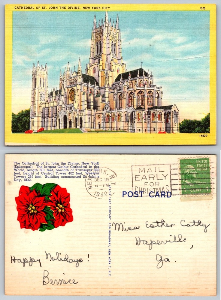 Cathedral of St. John the Divine NYC 1949 Linen Postcard New York City