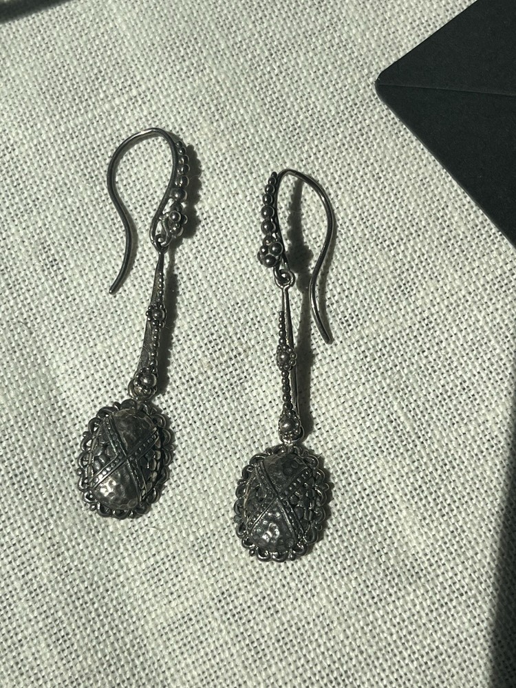 Sarda 925 Sterling Silver Long Drop Earrings Ornate Oval Dangle Bali Style
