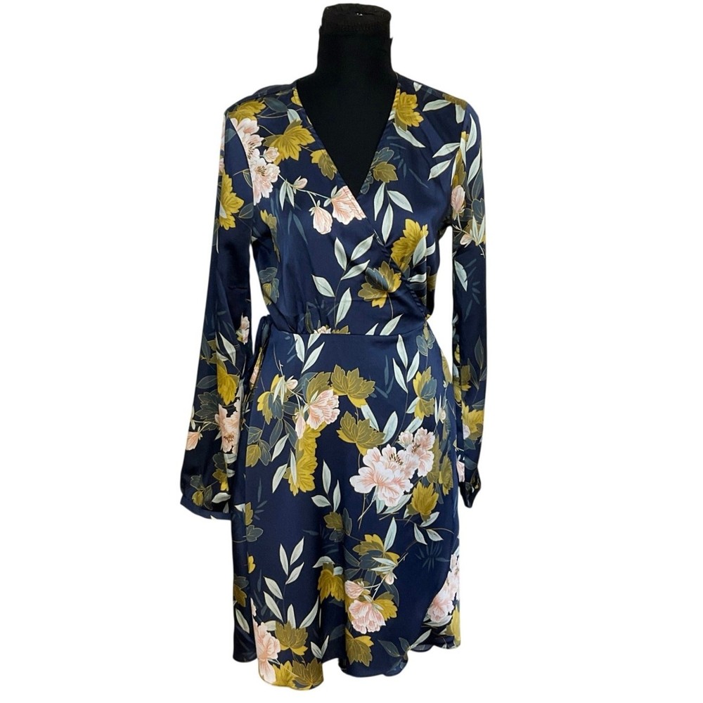 Lulus Floral Wrap Dress Medium Navy Blue Long Sleeve V-Neck Midi