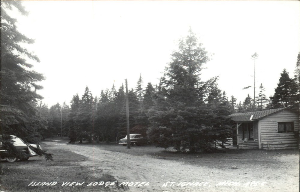 RPPC St Ignace MI Island View Lodge Motel log cabin unused real photo postcard