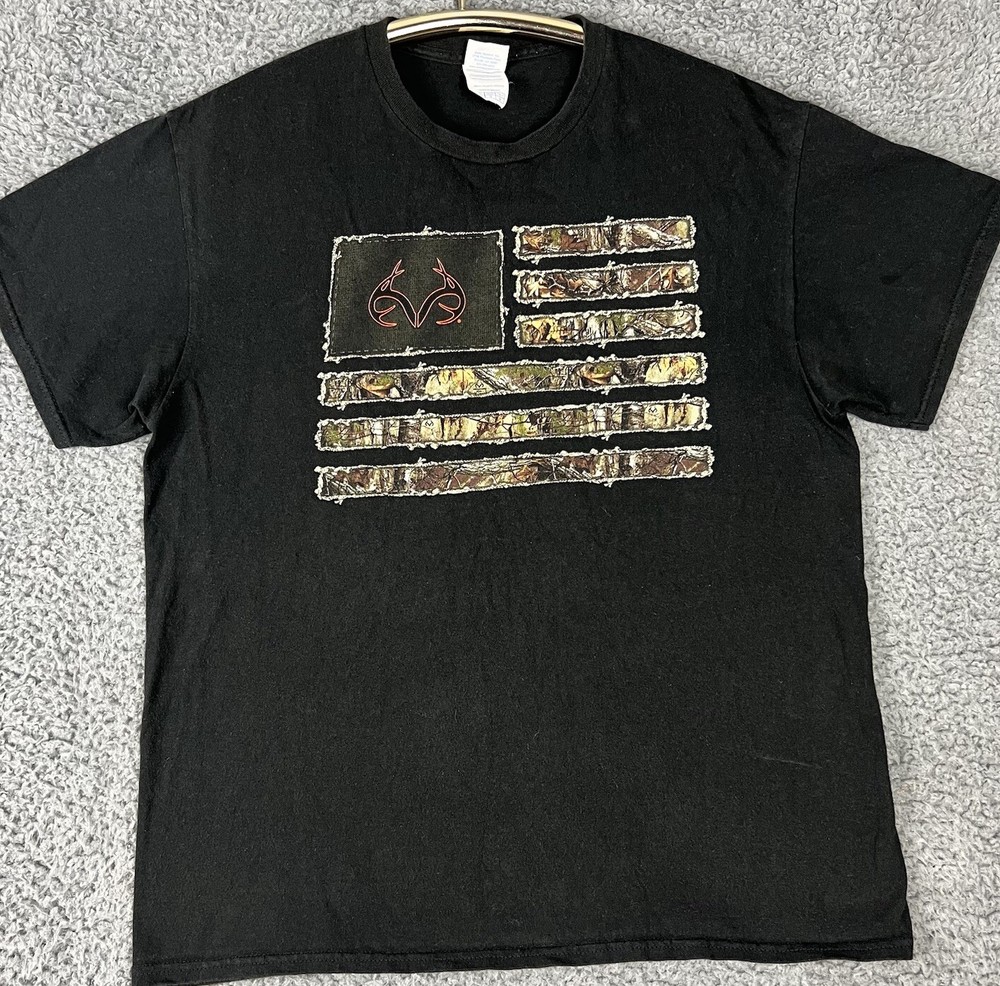 RealTree Men's Size Large American Flag Camo Logo Short Sleeve T-Shirt Hunting-c