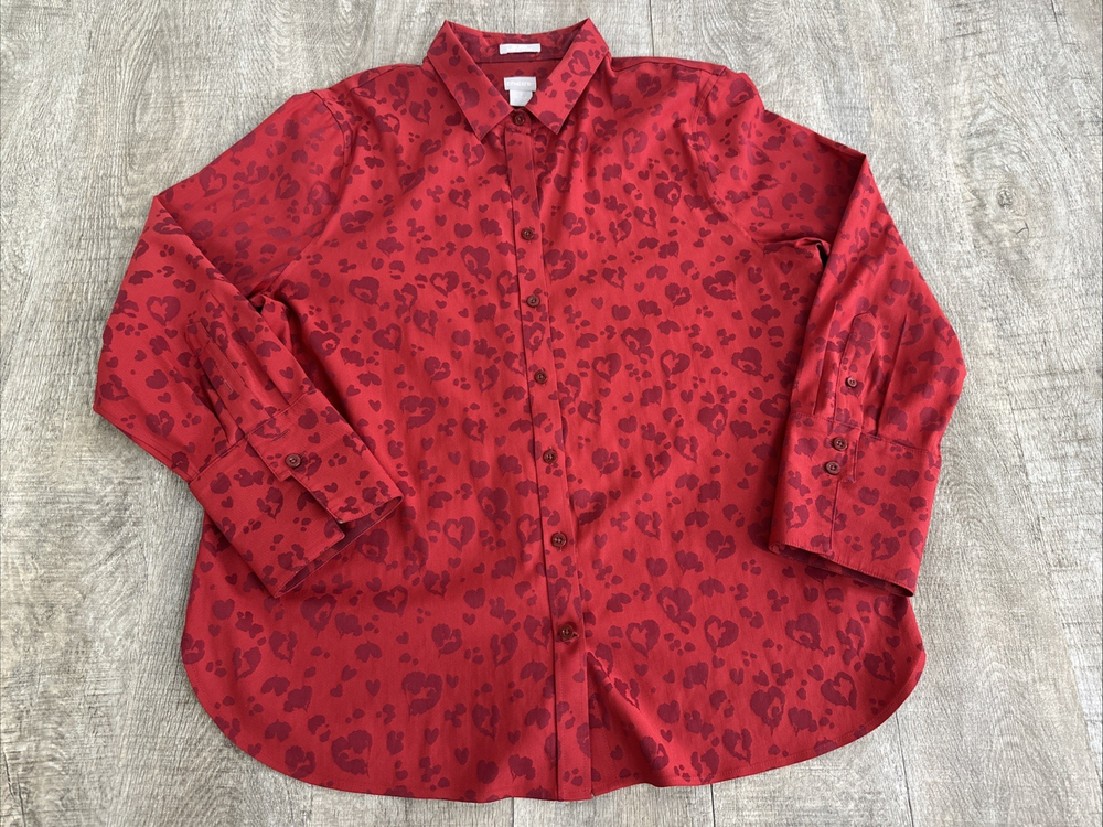 Chico's Women's Red Heart Print Tunic Blouse Lagenlook Collared Button Up Top XL
