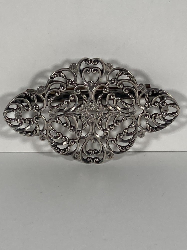 Antique Victorian Sterling Silver Elaborate Delicate Scroll Work Large Brooch