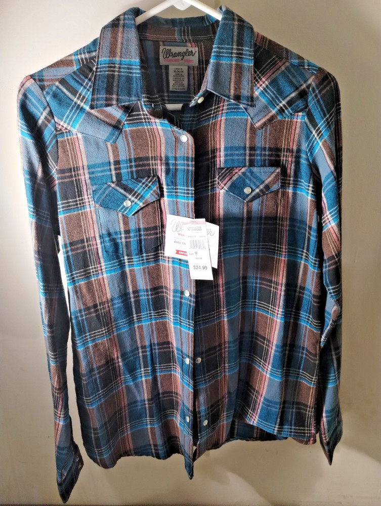 NEW Wrangler Women Pearl Snap Plaid Western Cowgirl Shirt Size Medium
