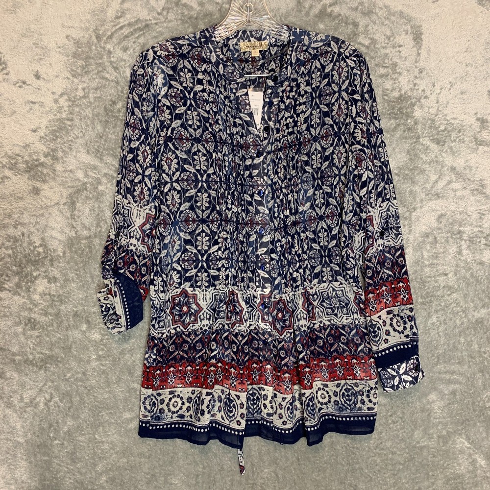 Boho Hippie Women's Chiffon Pintuck Roll Tab Tie Front Button Blouse NWT