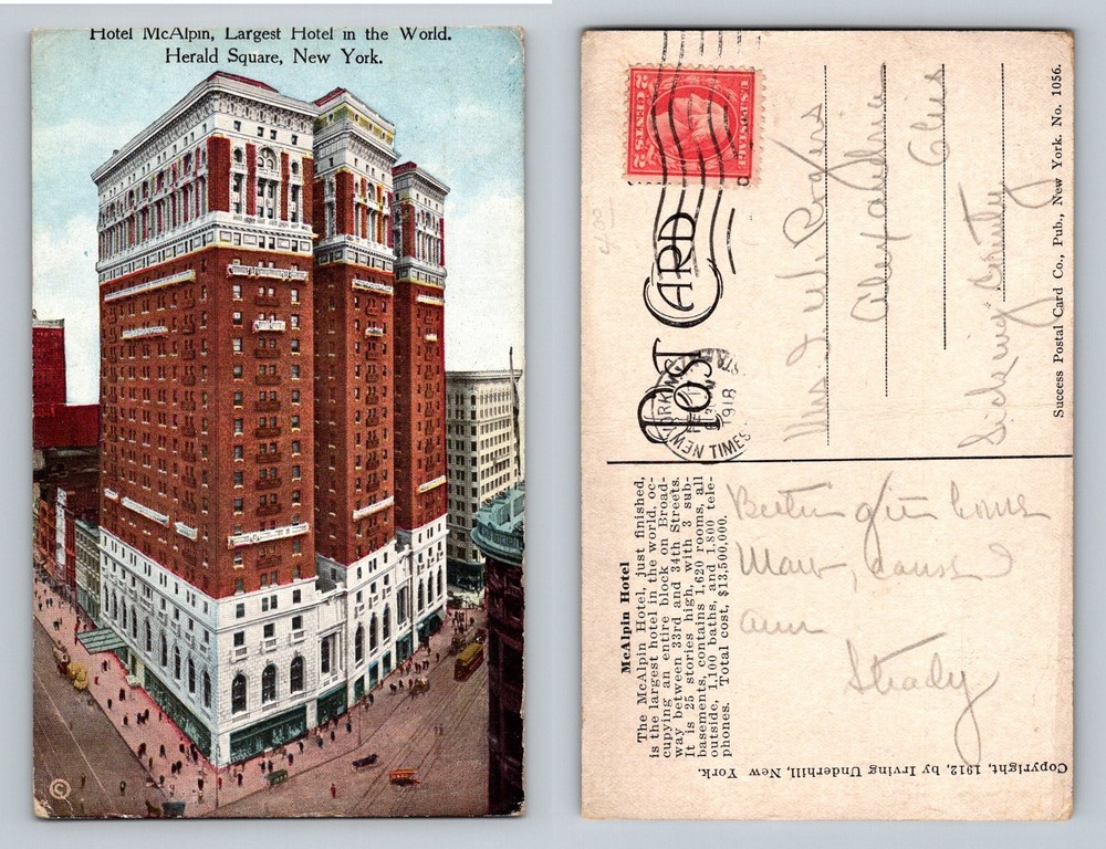 New York City NY, Hotel McAlpin Herald Square Hotel Vintage c1918 Postcard