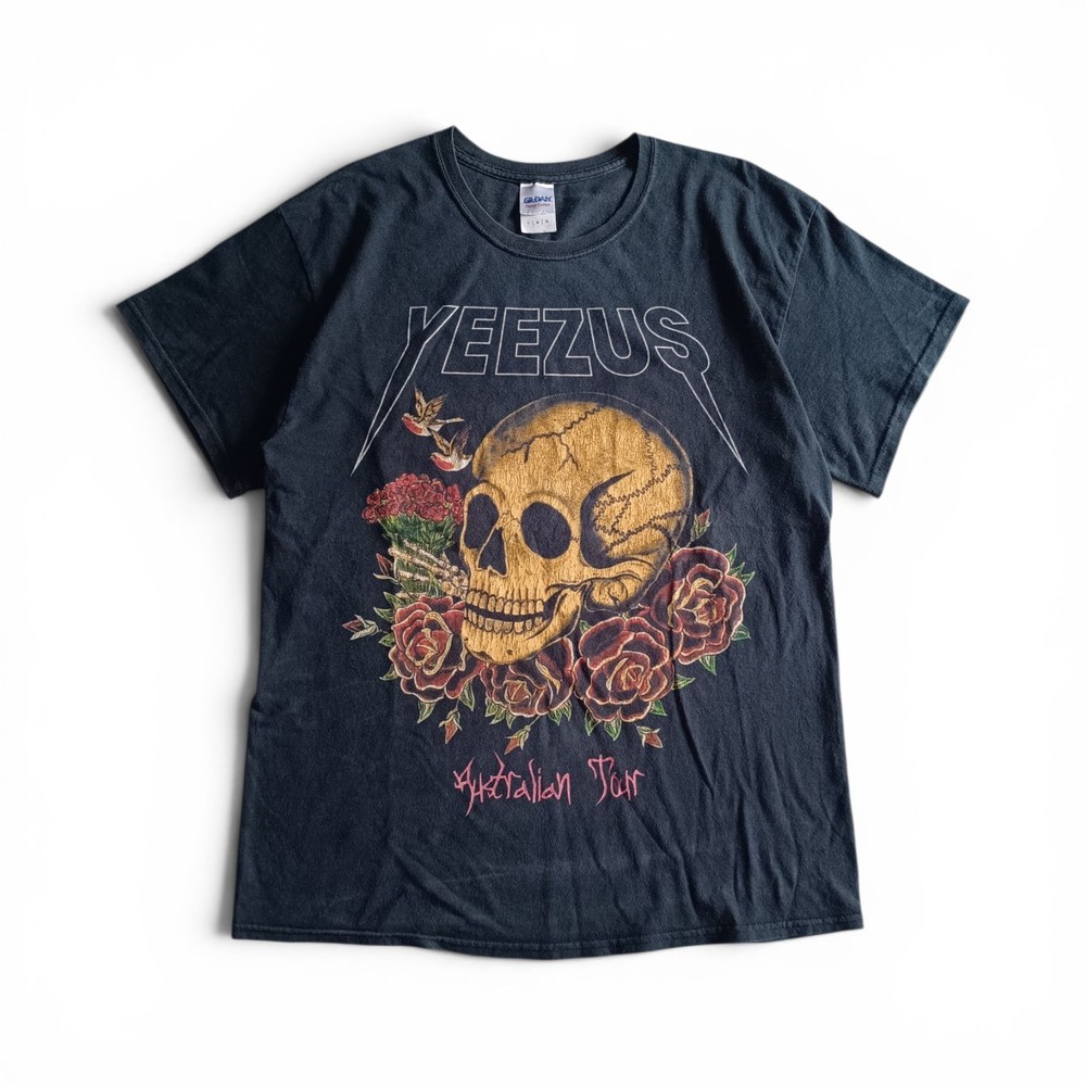 Kanye West Yeezus Australian Tour 2014 Skull Roses T-Shirt Black Size L Rap Tee