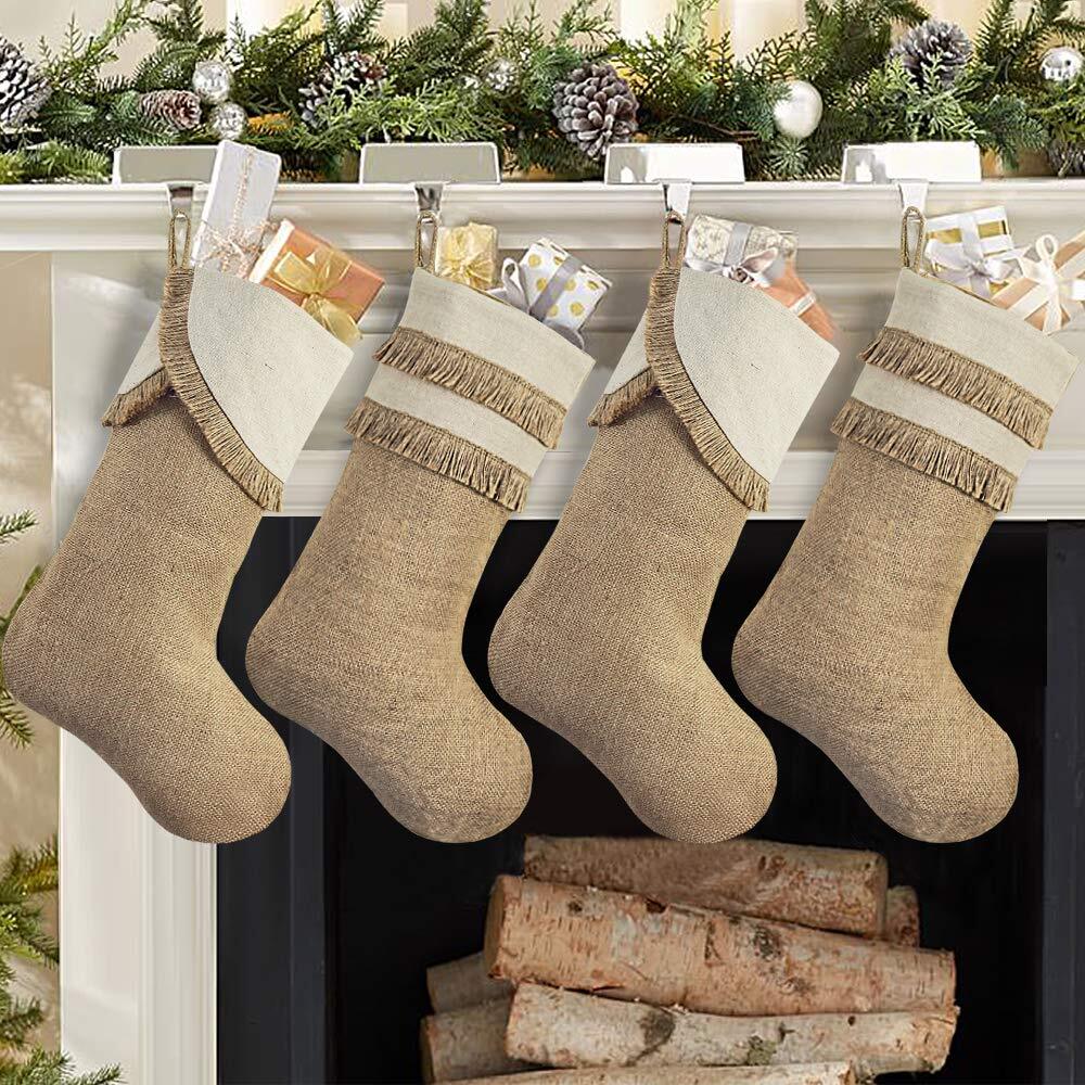 Fringed Christmas Stockings, 4 Pack 18 inches Large Original Burlap Stockings...