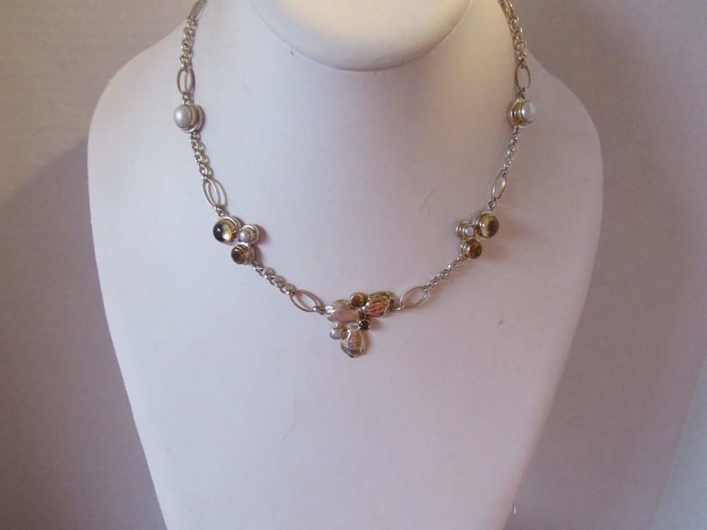 Abstract 925 Sterling Silver 14K Gold Cabochon Pearl Citrine Modernist Necklace-image