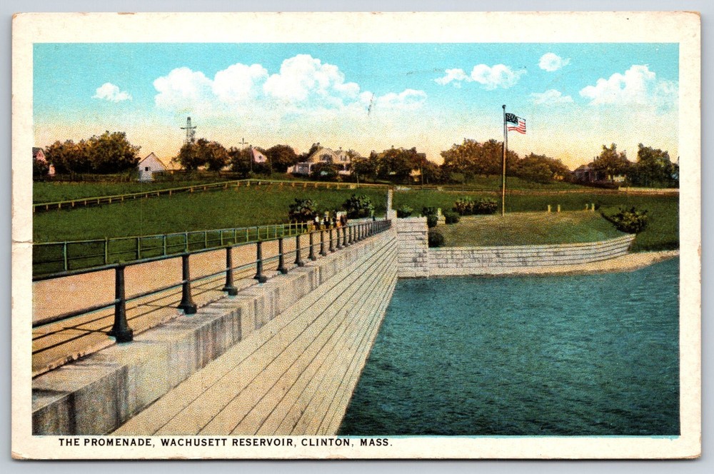 Clinton Massachusetts~The Promenade @ Wachusett Reservoir~PM 1935~Vtg Postcard