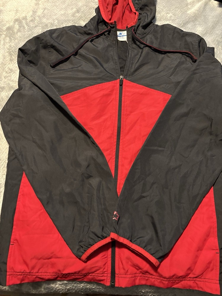 Vintage Starter Black Red Full Zip Mesh Lined Hoodie Jacket Size L 42-44
