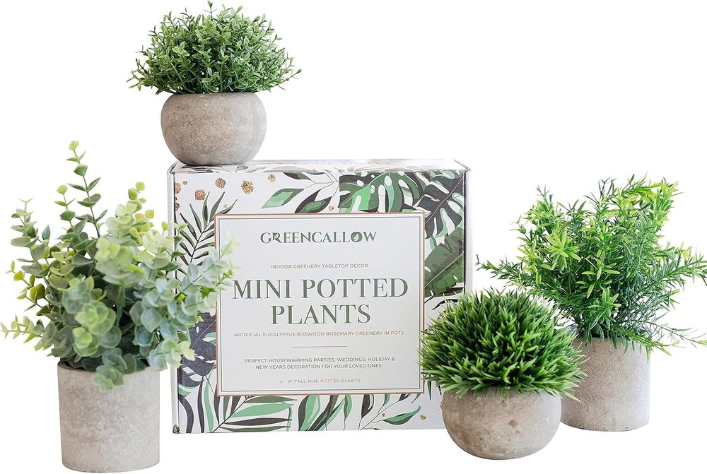 Elegant 4-Pack Mini Faux Plants in Ceramic Pots for Small Spaces Decor