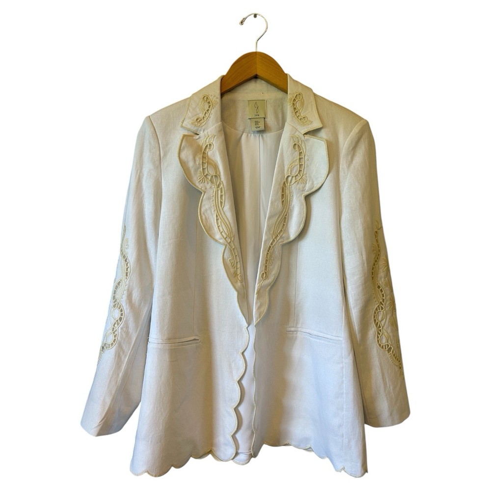 JOIE White Linen Blend Embroidered Scalloped Open Blazer Jacket Small NEW