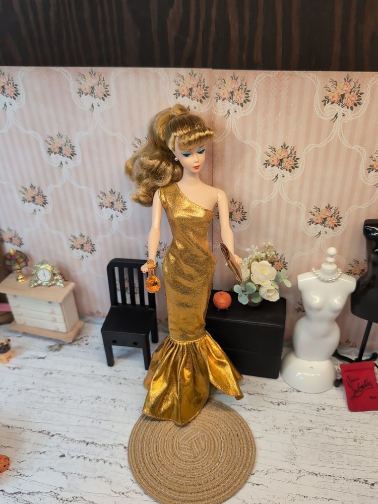 Vintage Barbie Clone Outfit - Long Gold Lamé Gown, Gold Pumps, Gold Clutch +