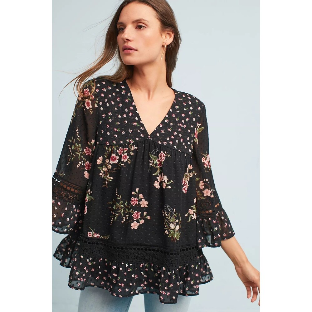Anthropologie Maeve Steffy Bell Sleeve Blouse Womens M Babydoll Cottagecore Boho
