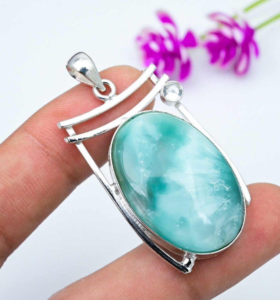 Excellent Larimar Gemstone 925 Sterling Silver Jewelry White Topaz Pendant Gifts