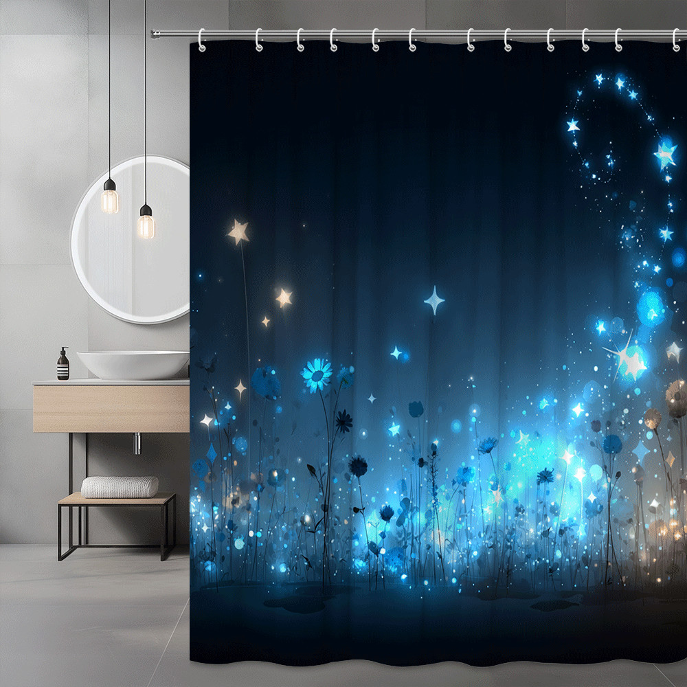 Blue Floral Starry Shower Curtain, Abstract Night Sky Print