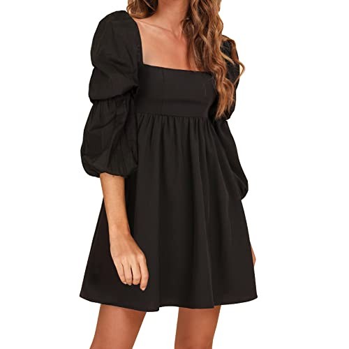 Exlura Womens Square Neck Long Puff Sleeve A-Line Casual Short Dress Black M