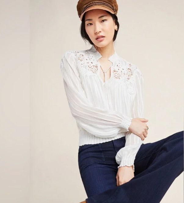Anthropologie Moira Peasant Boho BLOUSE TOP SHIRT ~ LACE TOP ~ Size 00P Small