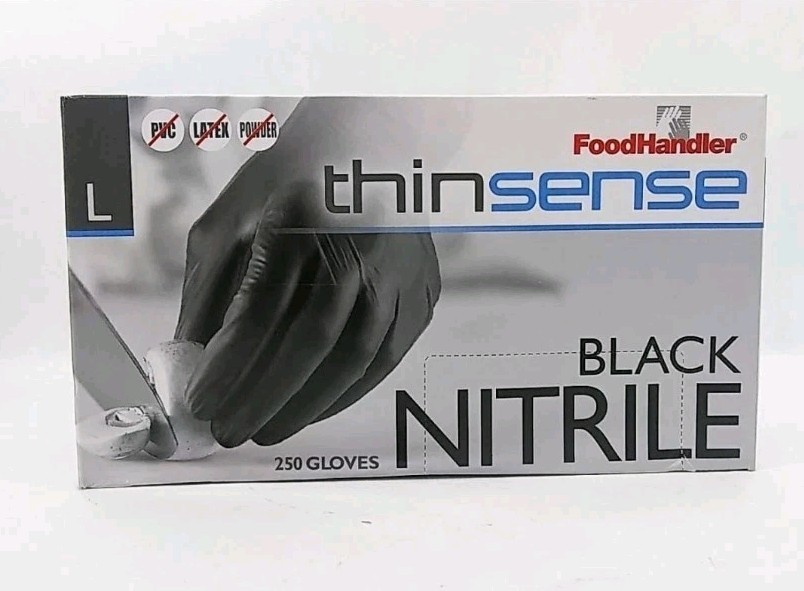 Food Handler Thinsense Black Powder-Free Nitrile Gloves, Case of 250, Size Large