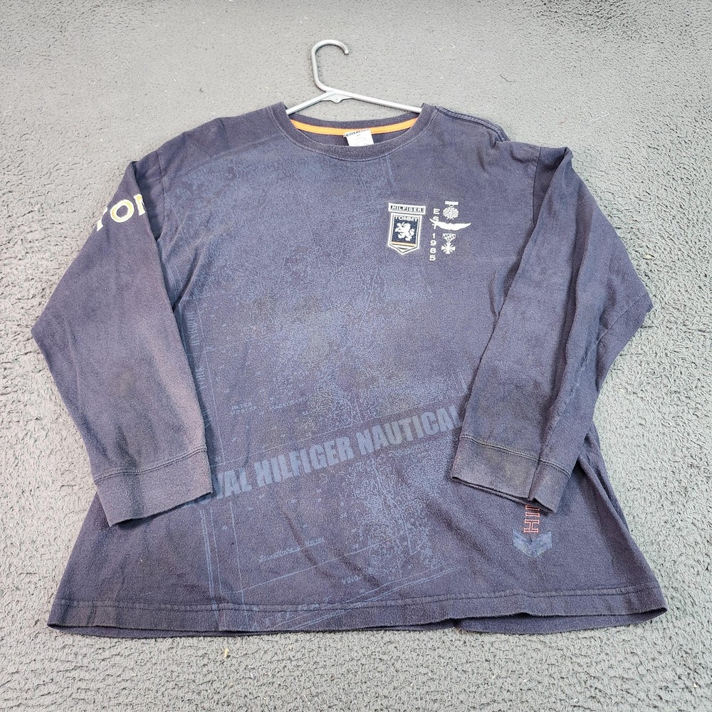 Tommy Hilfiger Shirt Mens XL Blue Long Sleeve Nautical Crest Logo Graphic Tee