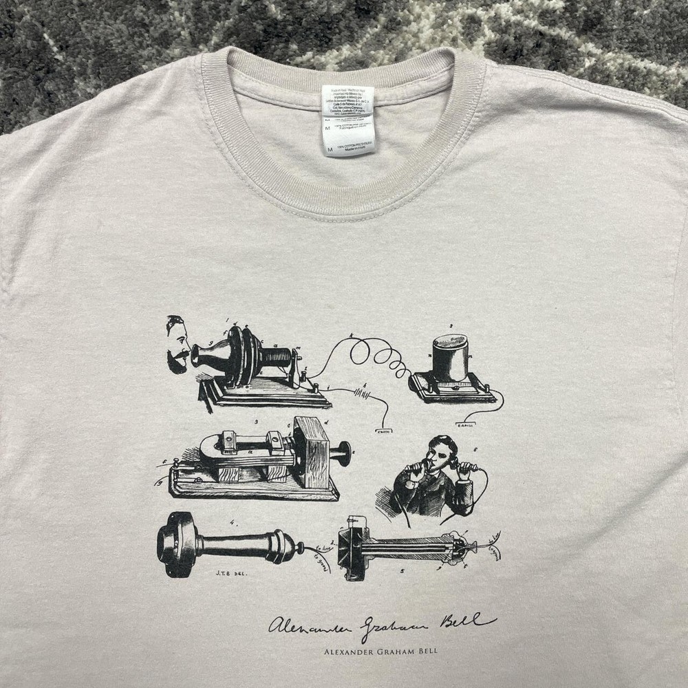 Vintage Science Shirt Mens Medium Alexander Graham Bell Y2K Tech Technology Gray