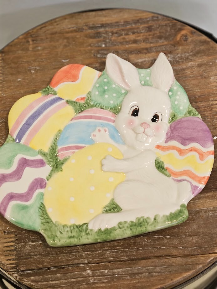 Fitz & Floyd Easter Bunny & Eggs Gathering Canape Plate or Hanging Wall Decor