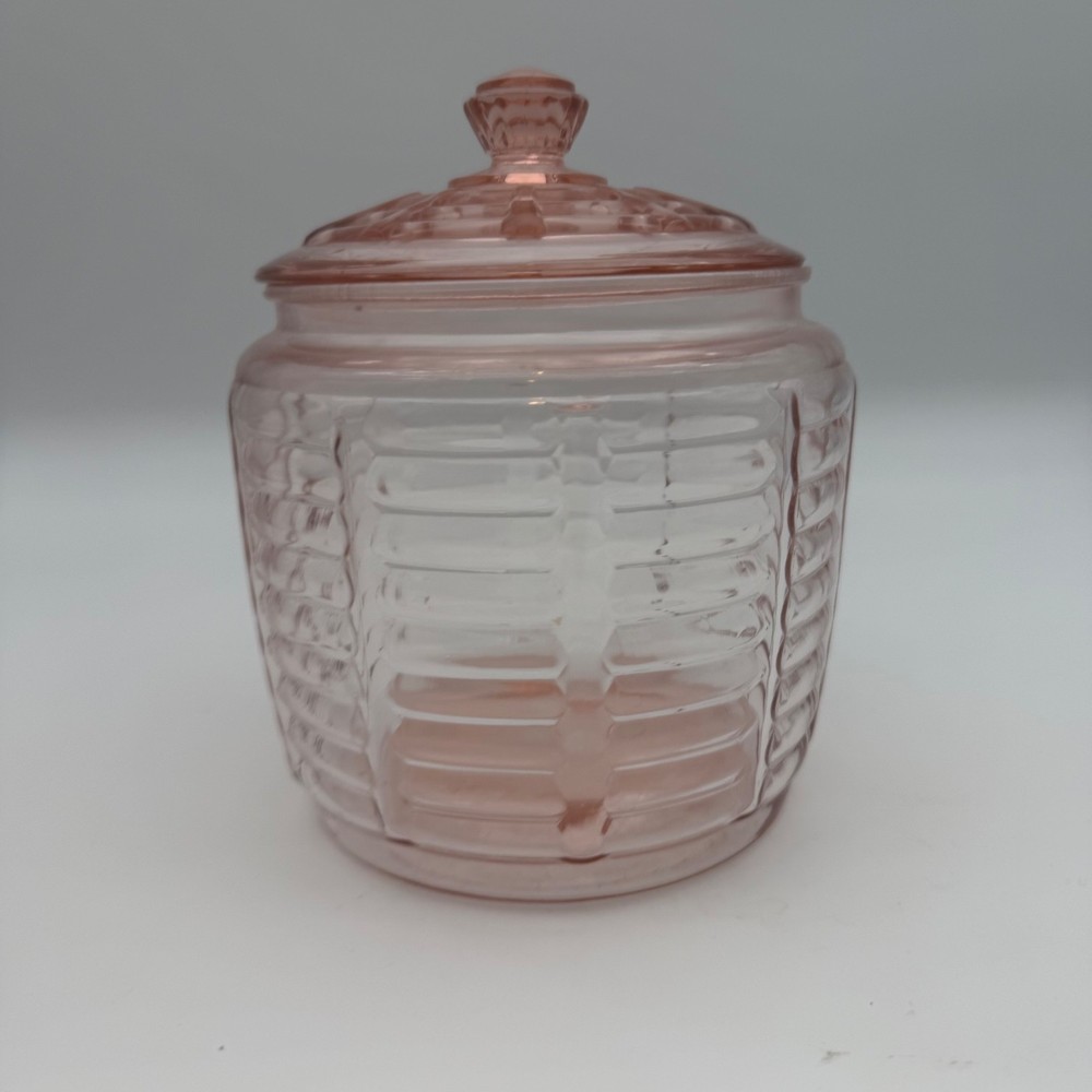 Vintage Anchor Hocking Manhattan Pink Depression Glass Cookie Jar Biscuit Barrel