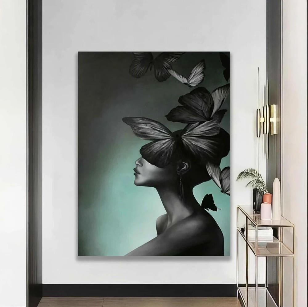 Woman And Butterfly Modern B&W Paint Unframed Canvas Print Australian Wall Art