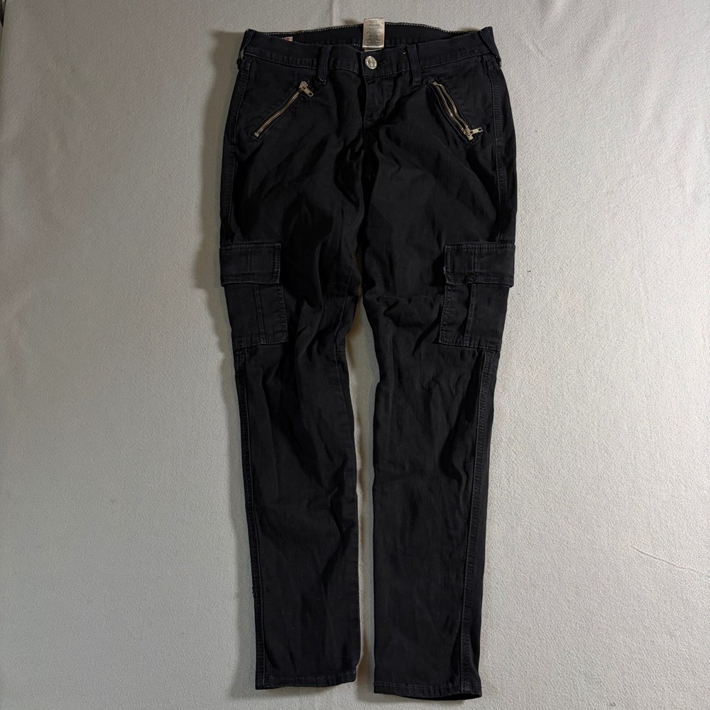 True Religion Mens Black Cargo Pants Size 29 Made in USA Distressed Moto Style