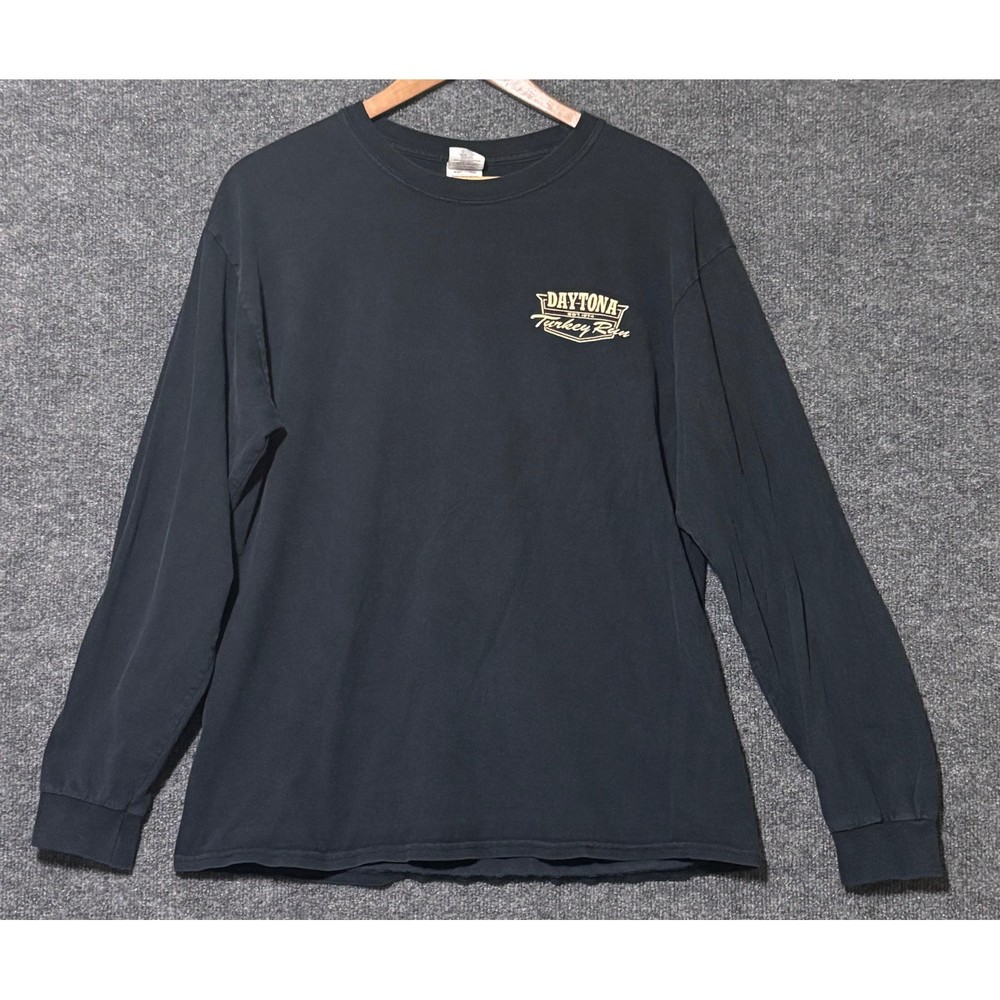 Gildan Men L Long Sleeve T-Shirt Black Daytona Turkey Run Hot Rod Graphic