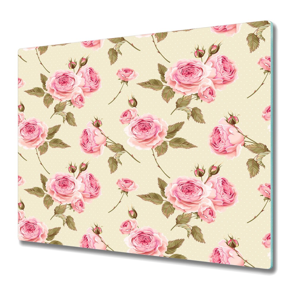 Glass Cutting Board Worktop Saver English roses pink and green 60x52