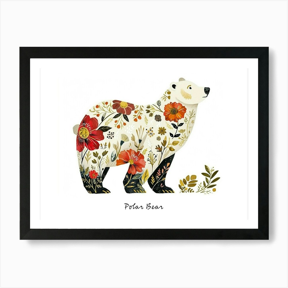 Little Floral Polar Bear Framed Wall Art Canvas Print Poster
