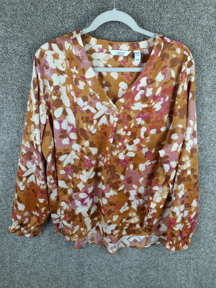 D&Co Denim & Co Silky Floral Blouse Women 1X Plus Yellow Pink V-Neck Career Chic