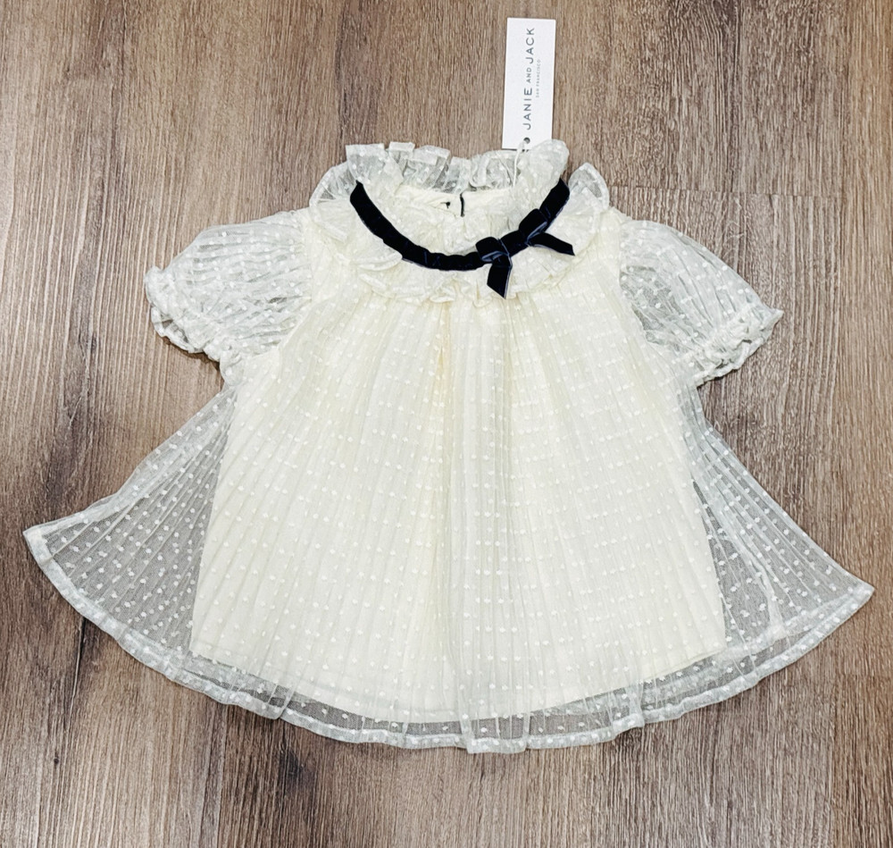 Janie And Jack Mesh Dot Puff Sleeve Top Baby Girl 18 24 Months Velvet Trim NEW