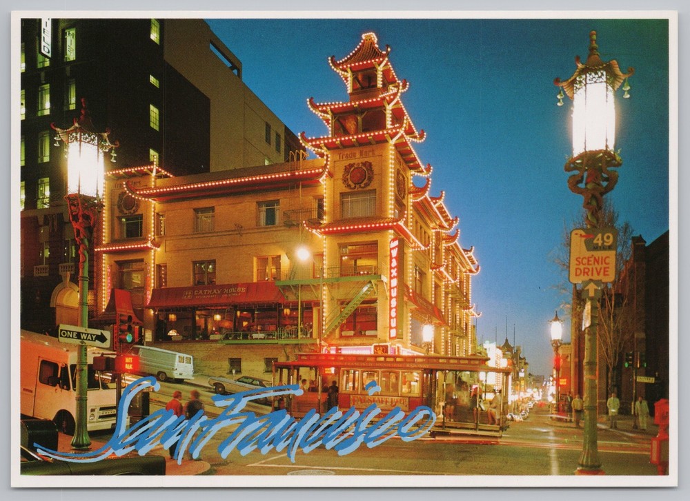 San Francisco~Cathay House & Cable Cars @ Night Chinatown~Continental Postcard