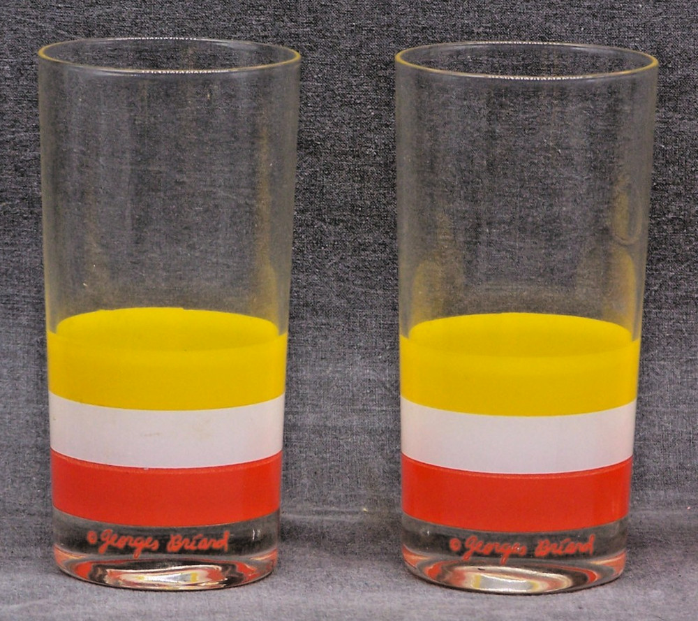 2 Vintage Georges Briard Cabana Striped Yellow White Orange Highball Glasses MCM