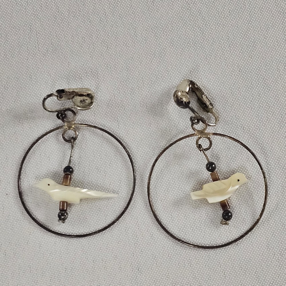 Vintage Sterling Silver Bird Fetish Dangle Hoop Clip On Earrings Approx 2
