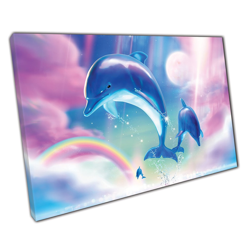 Bottlenose Dolphins Leaping Ocean Fantasy Rainbow Fuchsia Scene Print Canvas