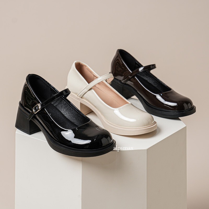 Womens Leather Bowtie Round Toe Buckle Strap Block Heel Fashion Mary Jane Shoes