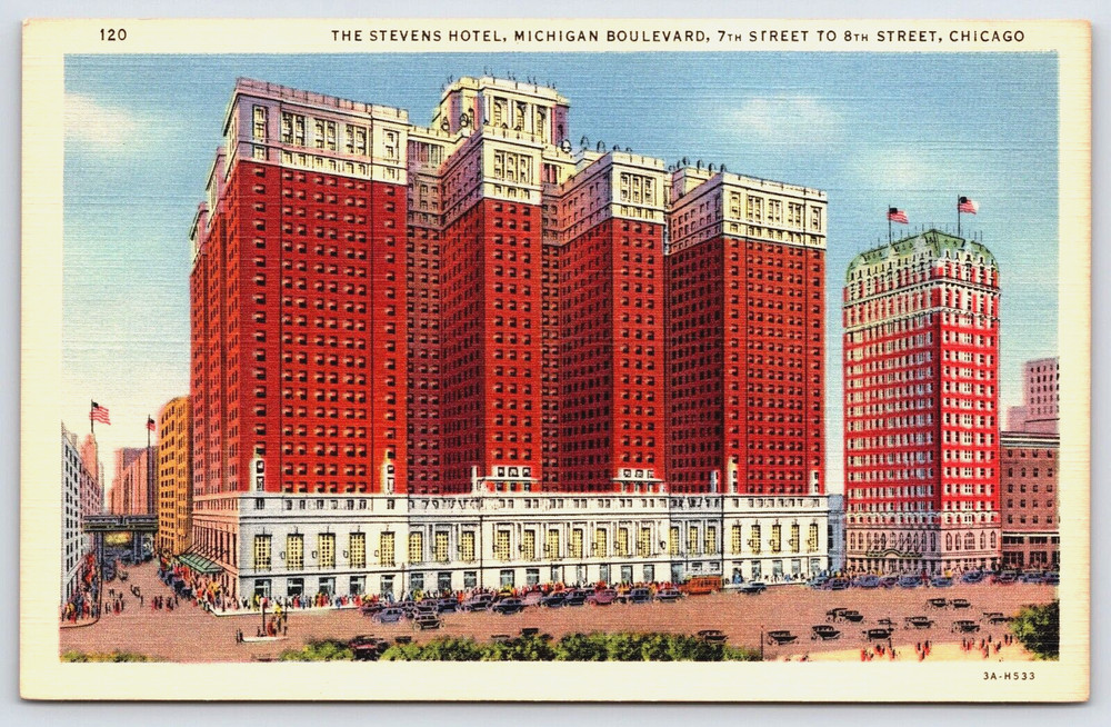 Vintage Postcard Chicago Illinois Usa Stevens Hotel Building Architecture Cars