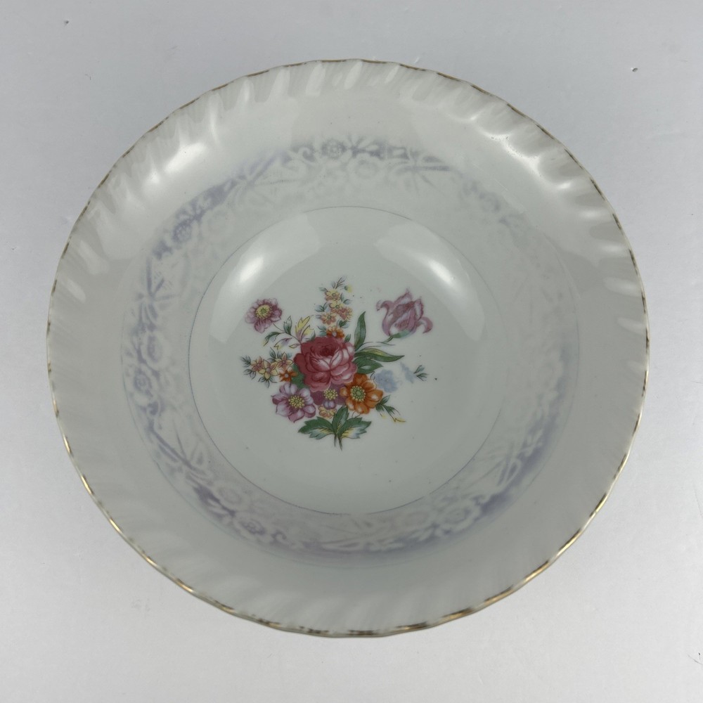 Vintage Floral Porcelain Bowl Scalloped Edge White Pink Rose Pattern Gold Trim